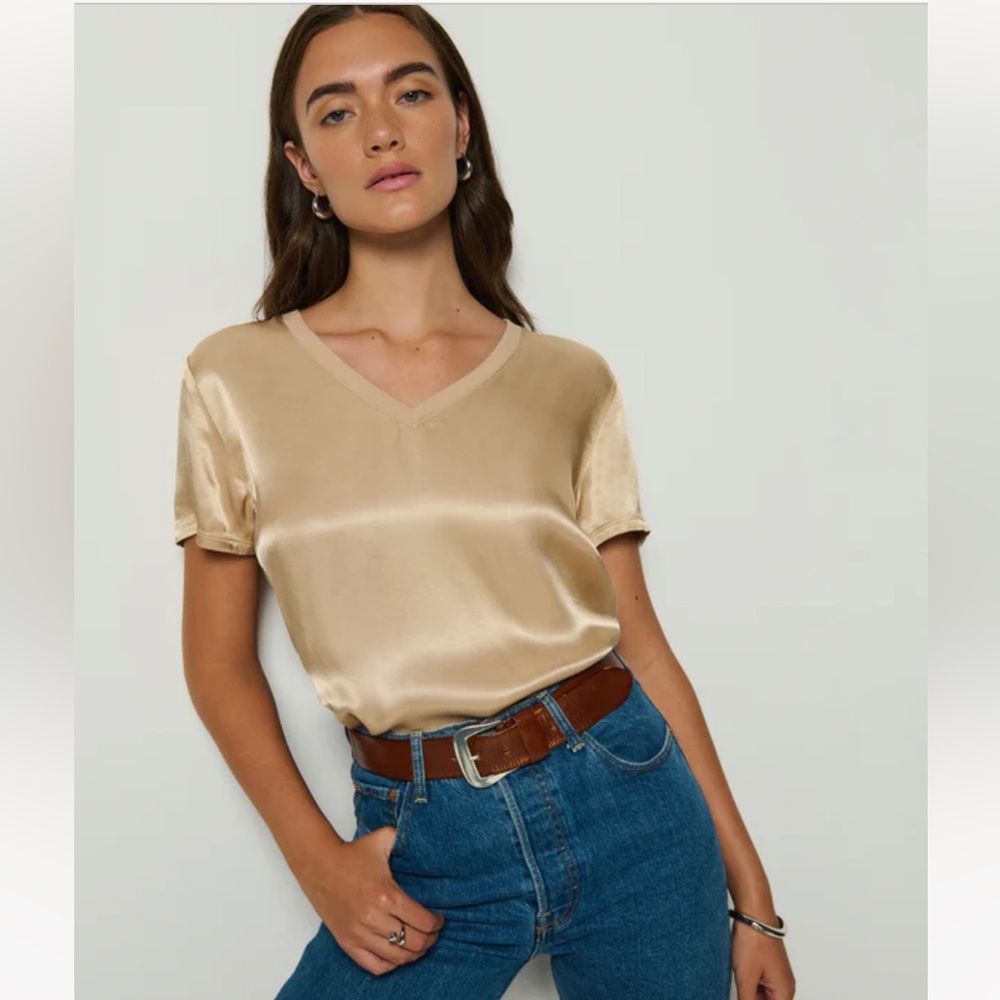 Nation LTD Satin V-Neck Tee in Gold